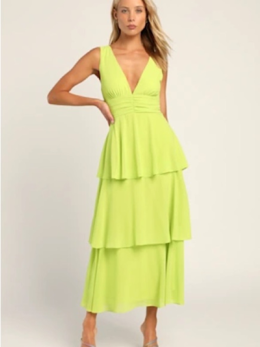 Lulu's Neon Lime Tiered V-Neck Midi Dress